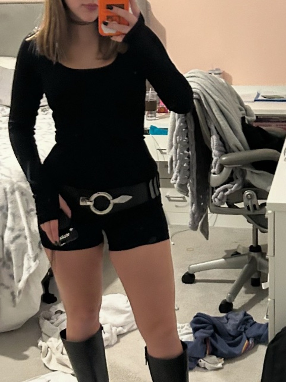 Black Ribbed Bodysuit - long sleeves and shorts